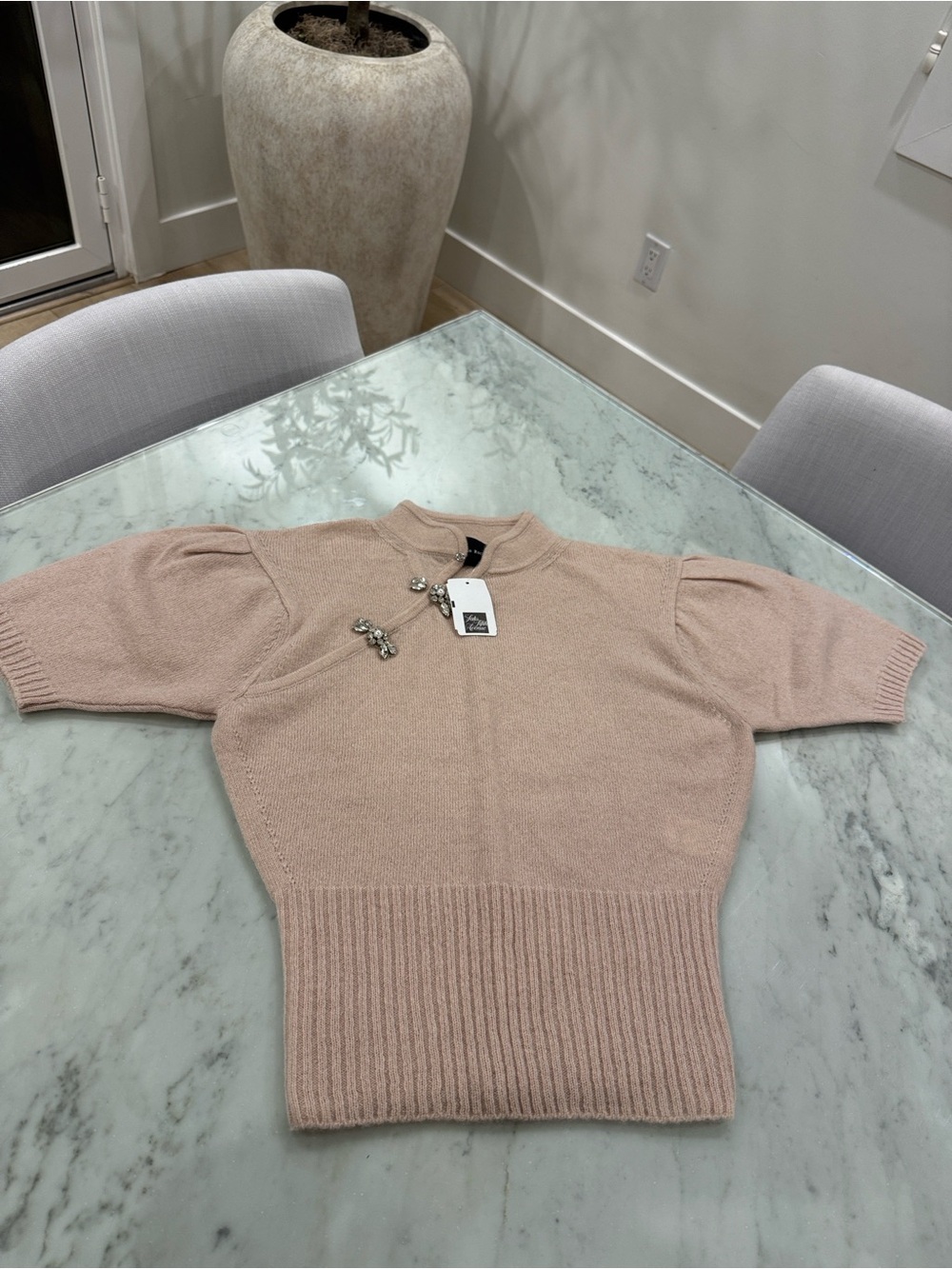 Simone Rocha Blush Pink Short Puff Sleeve Knit Sweater with Brooches